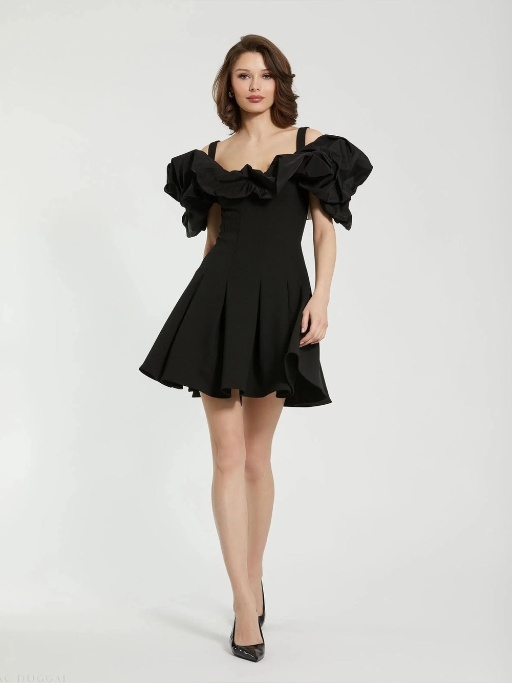 MAC DUGGAL Black Crepe Godet Hem Mini Dress With Faille Ruffle